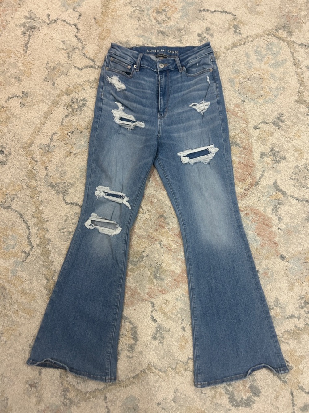 American Eagle Outfitters Distressed Flare Jeans - Medium Blue Wash